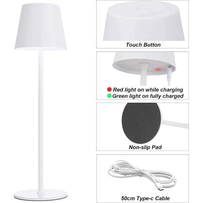 Акумуляторна настільна LED лампа бездротова з USB-C зарядкою, регульована яскравість, 3 режими світла, сенсорна лампа для дому, спальні, кемпінгу (біла)