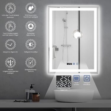 Дзеркало YOURLITE з підсвічуванням, 70x50 см, LED дзеркало для ванної кімнати з сенсорним вимикачем, годинником, 3 кольори світла, регулювання яскравості, запобігання запотіванню, пам'ять налаштувань, срібло