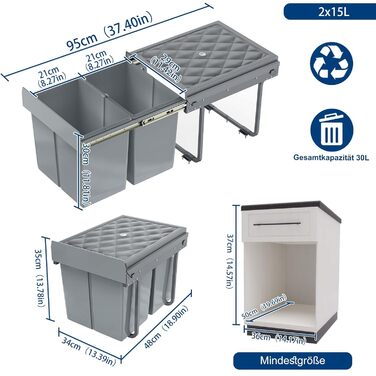 Вбудований контейнер для сміття HENGMEI з висувною системою, сірий (2x15L)