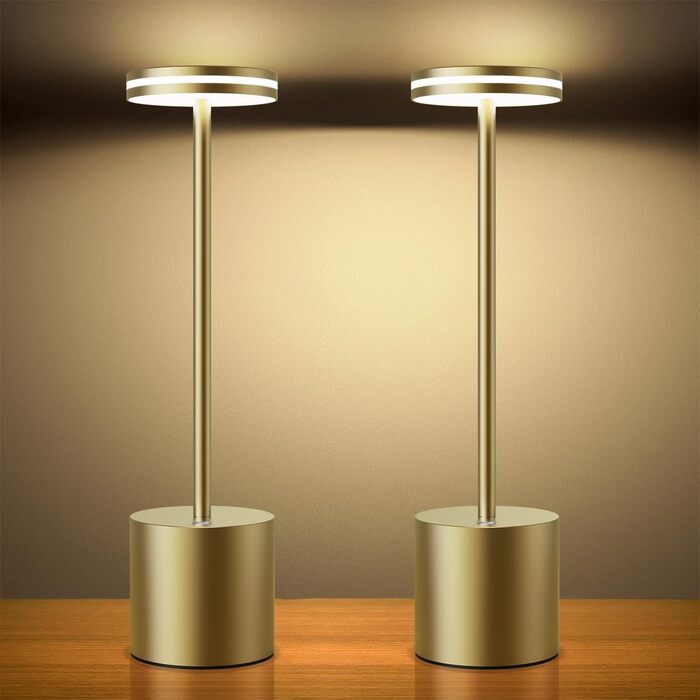 LED лампа Hapfish настільна бездротова, акумуляторна, 5000mAh, сенсорне керування, регулювання яскравості, з батареєю, алюміній, 3 колірні температури, для вулиці, нічника, столу, робочого столу – (2 шт. бронза)