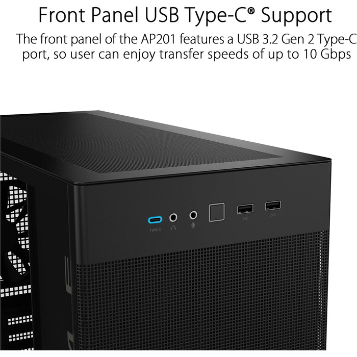 Корпус ASUS Prime AP201 MicroATX чорний (33 літри, підтримка 280/360 мм кулерів, відеокарти до 338 мм, ATX блок живлення)