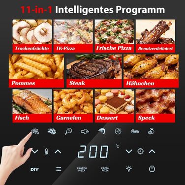 Аерофритюрниця Aigostar Pro Black: 7.45 л, XL, з оглядовим вікном, сенсорним екраном, 11 програм, подвійним нагріванням, функцією піци, металевий корпус