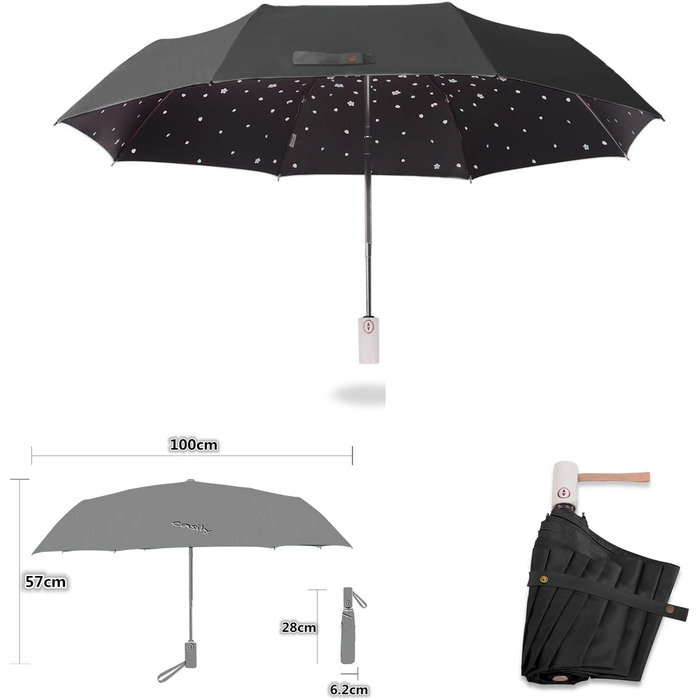 Сонцезахисний складаний парасоль від Voy Lady – Рожевий з квітковим принтом (96 см)