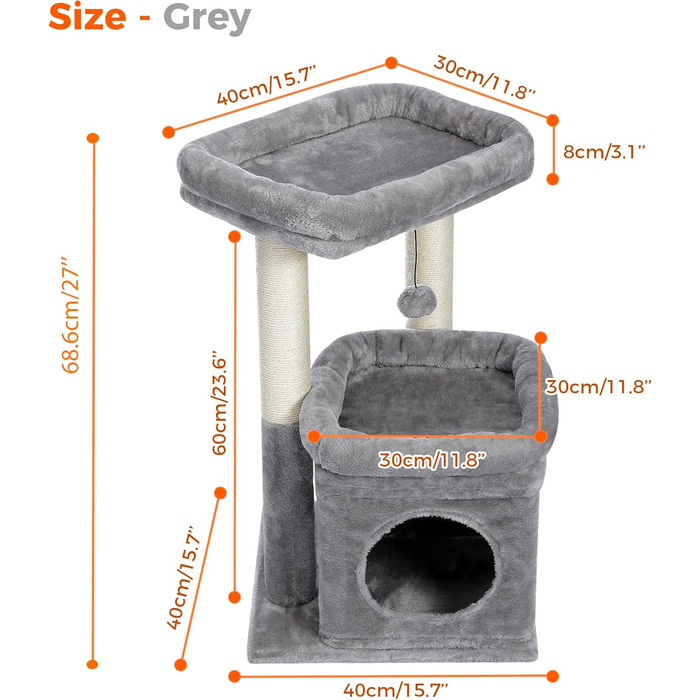 PAWZ Road Cat Tree, Multi-Level Cat Tower with Sisal-Covered Scratching Post, Cozy Cat Condo, and Large Cat Perch for House Cats (Gray)