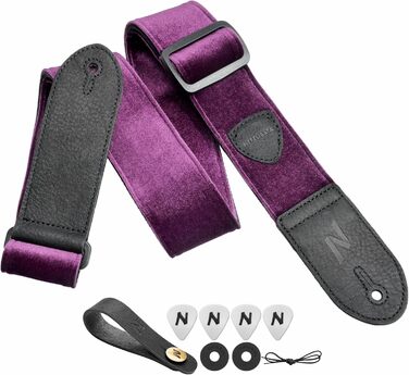 Гітарний ремінь Nefelibata з повного нубуку, вінтажний велюровий ремінь, безкоштовний бонус: 4 медіатори + фіксатори ременя + кнопка для ременя, подарунок для бас/електро/акустичної гітари (вишуканий фіолетовий)