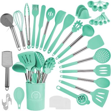 Набір кухонних помічників 45 предметів: силіконове кухонне приладдя, тримач, вінчик з нержавіючої сталі, половник, лопатка, придатне для миття в посудомийній машині, колір блакитний