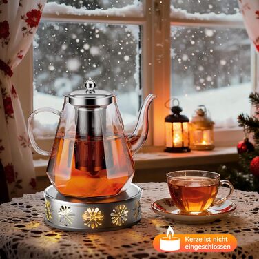 Скляний чайник STNTUS з підігрівачем та ситечком для листового чаю, 1.2 л, нержавіюча сталь