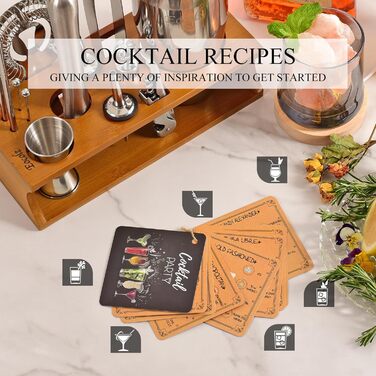 Cocktail Shaker Set with Bamboo Stand & Recipe Book - 750ml Stainless Steel Bar Set with 17-Piece Cocktail Mixing Kit - Bartender Gift for Women