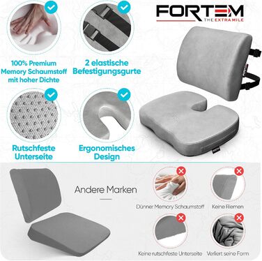 FORTEM XL Подушка для сидіння та попереку для офісного крісла, м'яке сидіння, подушка для спини з Memory Foam, підтримка попереку для авто, антиковзаюча подушка для сидіння та спини для геймінгу, автокрісла, стільця. Extra Large (Сірий велюр, Extra Groß)