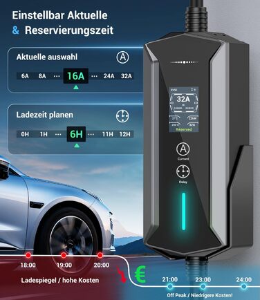 Портативний зарядний пристрій для електромобілів 22 кВт (7м) з LCD-дисплеєм, IP65, Schuko, 16A, для електромобілів та PHEV
