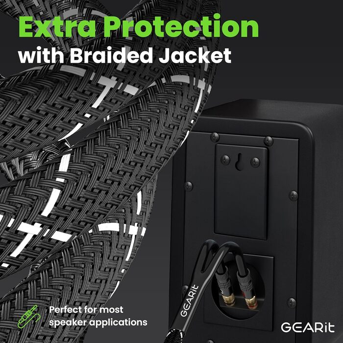 Акустичний кабель GEARit 12 AWG 10.7 м з банановими штекерами, OFC CL2 позолочені, плетений для Hi-Fi, домашнього кінотеатру, підсилювачів