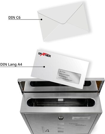 Поштовий ящик Grafner з нержавіючої сталі, персоналізований, з газетницею та 2 ключами. Гравіювання імені, вулиці та номера будинку. Комплект для монтажу входить.