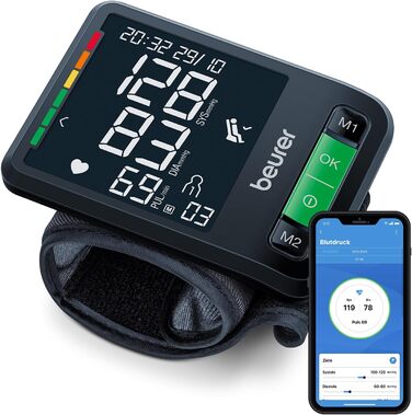 Тонометр на зап'ястя Beurer BC 54 з технологією Inflation, індикатор ризику, виявлення аритмії, об'єм зап'ястя 13,5-21,5 см, з додатком, передача даних до Apple Health та ін. 2 x 60 місця для пам'яті (2 x 120 місця, Single)