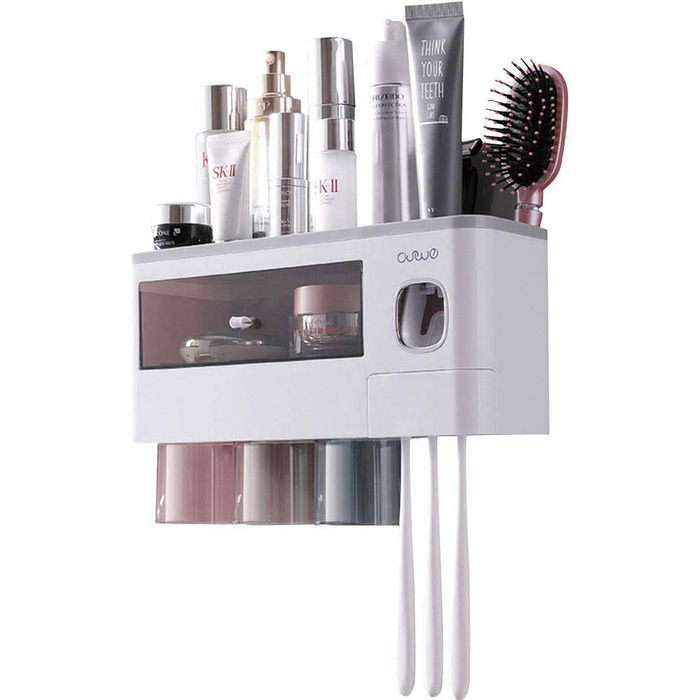 Automatic Toothpaste Dispenser Wall-Mounted, Space-Saving Toothbrush Holder for Bathroom, 3 Transparent Magnetic Cups, 6 Toothbrush Slots, 1 Cosmetic Organizer Drawer (3 Cups)