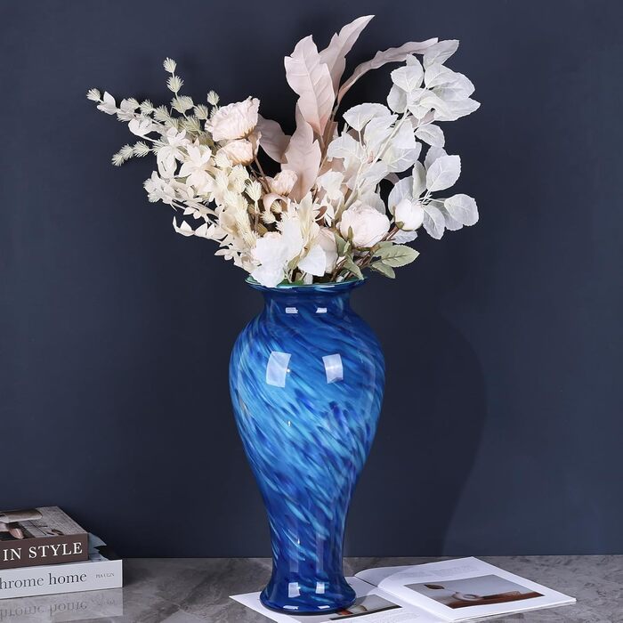 Велика скляна ваза 50,8 см, ручної роботи, для дому та декору, сучасний дизайн (Блакитна)