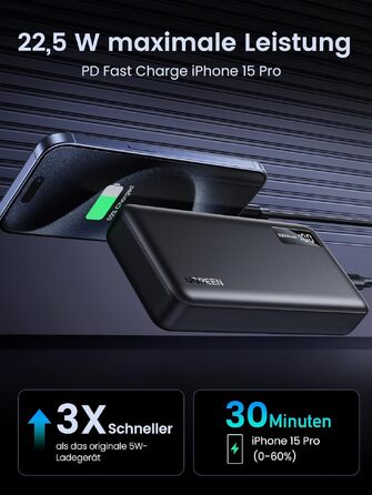 Повербанк UGREEN 20000mAh 22.5W з USB-C та 2 USB-A, зовнішній акумулятор для iPhone 16/17, Samsung Galaxy S26 Ultra, Google Pixel 10