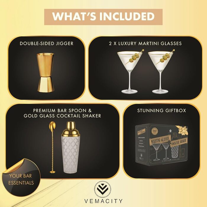 Набір для коктейлів Vemacity: шейкер (500 мл) + 2 келихи Еспресо Мартіні з золотим обідком, барна ложка, джиггер | Набір бармена | Келихи та шейкер для коктейлів | Ідеальний подарунок на Різдво та Новий рік. Золотий шейкер, класичні келихи Мартіні з рифле