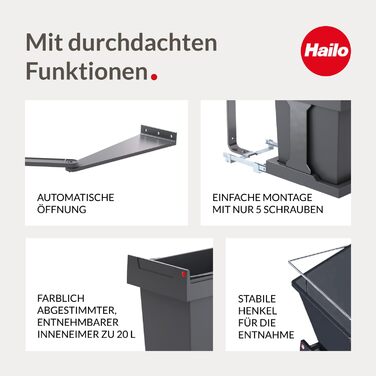 Hailo Solo Automatic Waste Bin - 20 Liter, Anthracit - Cabinet Mount, Drawer Pull-Out Waste Container