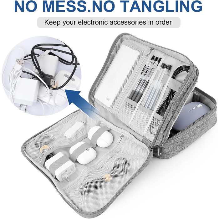 Органайзер для кабелів AiQInu: універсальна дорожня сумка-кубик, 3 шари, водонепроникний, для кабелів, power bank, USB, SD карт (сірий)