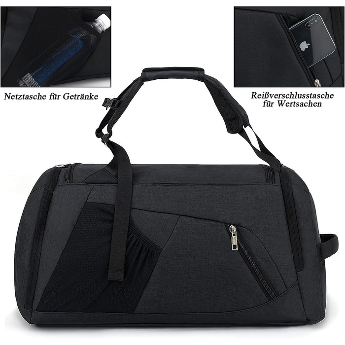 Sports bag with shoe compartment and wet compartment, 42L carry-on bag sports rucksack women men, gym bag travel bag large with shoulder strap and combination lock