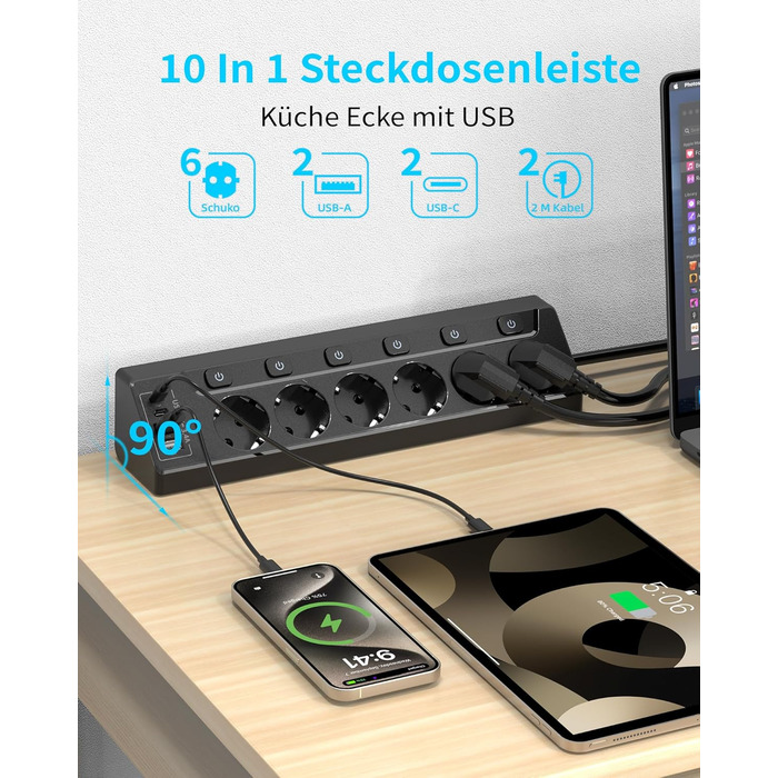 Мережевий фільтр з USB-C, 6 розеток, кабель 2м (4000W, 16A), розподільний блок для кухні/офісу, чорний