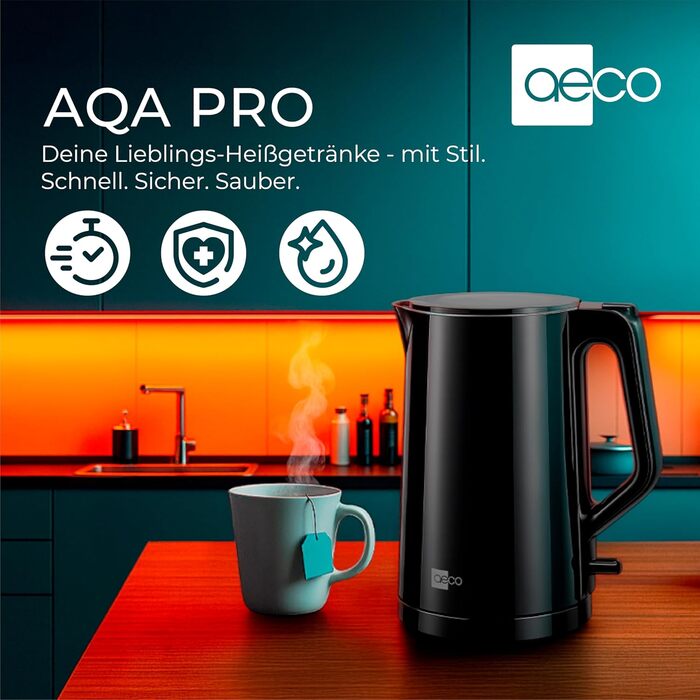 Електричний чайник Aeco AQA NEO з нержавіючої сталі, 1.7 л, 2150 Вт, без BPA, фільтр від накипу, бездротовий, CoolTouch, шампань сріблястий