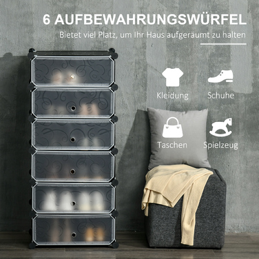 HOMCOM Shoe Rack Storage Box DIY Stackable Shelf for 6 Pairs of Shoes, Plastic/Steel, Black+White, 49x36.5x108cm | Aosom