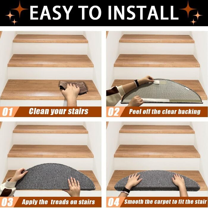 Rina Non-Slip Stair Treads - 15 Piece Set - 22x65 cm - Grey Adhesive Anti-Slip Rugs for Wooden Stairs - Indoor Safety