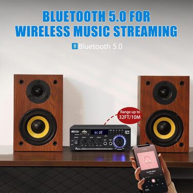 HiFi підсилювач WOOPKER AK45 Pro, 500 Вт, Bluetooth, 2-канальний, стерео, міні аудіо ресивер з FM-радіо, USB/SD/AUX/RCA/MIC входами, 12В/220В для колонок
