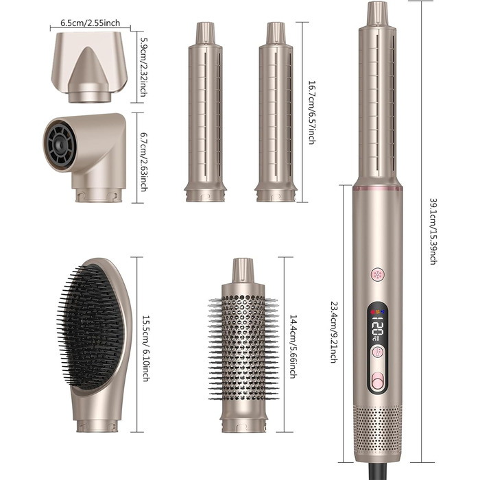 Airstyler 6-в-1 з LCD-дисплеєм: фен-щітка, стайлер для волосся, локони, об'єм, випрямлення, сушка, 110000 обертів/хв