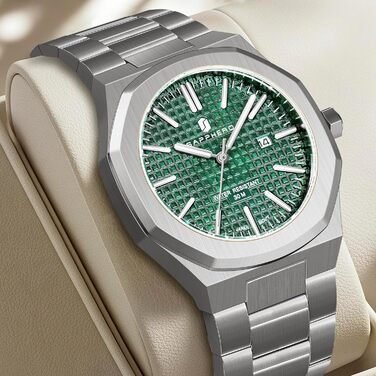 Годинник SAPPHERO для чоловіків з нержавіючої сталі, 50M водостійкий, класичний аналоговий кварцовий годинник з календарем. Елегантний подарунок для чоловіків (срібний браслет/зелене циферблат)