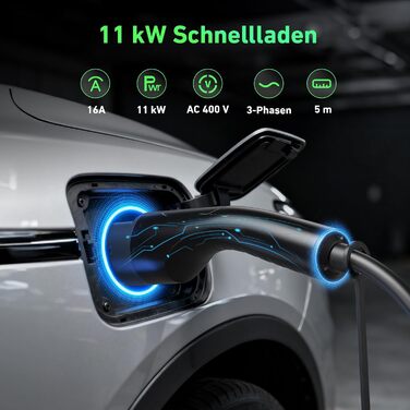 Кабель зарядки Type 2 (Mennekes) 11кВт, 5м, 16A, 3-фазний, IP67: для електромобілів, з сумкою. Підходить для Tesla Model S/3/X/Y, Volkswagen ID.3, ID.4