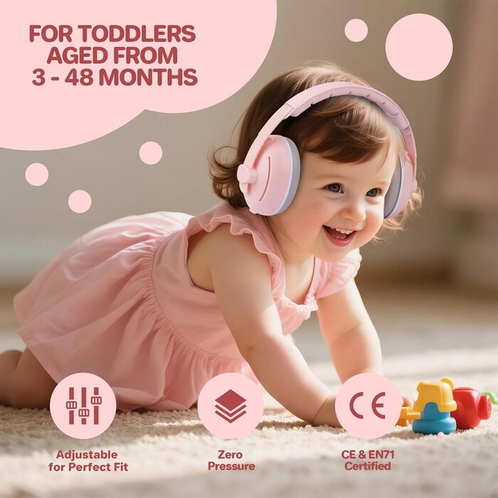 Навушники-захист вух для малюків 2-в-1 - рожеві, захист від шуму до 25 dB, регульоване антиковзне обруч до 48 місяців, м'які та легкі