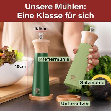 Plastic-Free Salt and Pepper Grinder Set with Coaster | Spice Grinder Set Made of Solid Wood with Stepless Stainless Steel Mechanism and Ceramic Grinder | Green