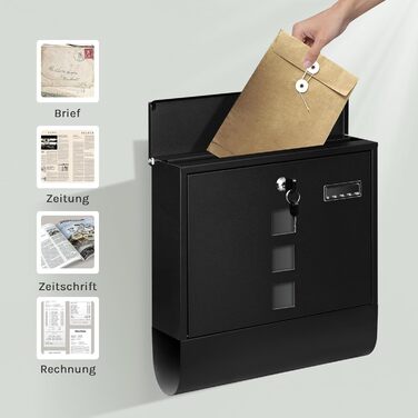 Поштовий ящик WOLTU з газетницею та вікном, персоналізований, замиканий, з 2 ключами, сучасний, 37x37x10.5 см, чорний