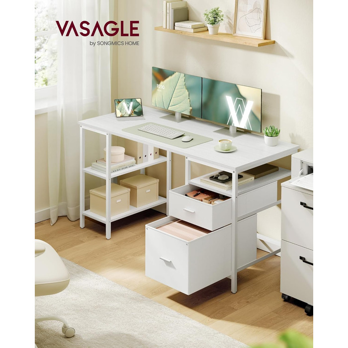 Комп'ютерний стіл VASAGLE з 3 полицями та 2 шухлядами, 160 x 60 x 76 см, колір: кленовий білий та хмарний білий