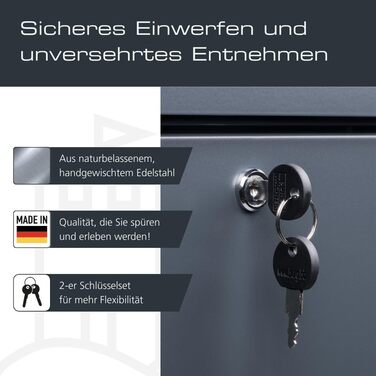 Поштовий ящик Burg-Wächter AMZ 2500 NI антрацит з газетницею та табличкою для імені, формат DIN C4, 2 ключі, нержавіюча сталь
