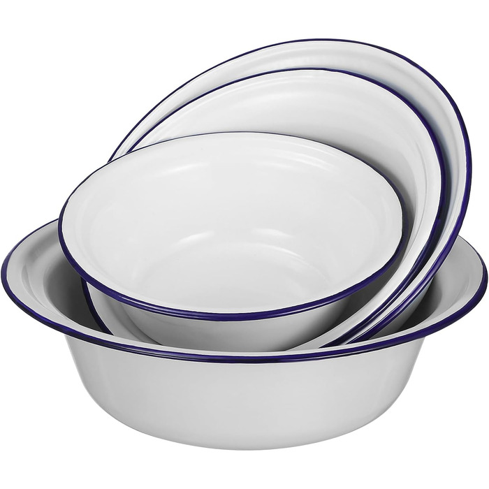 BESTonZON 4-Piece Enamel Soup Bowls, Enamel Basin, Enamel Bowl, Grease Pot with Lid, Enamel Mixing Bowl, Enamel Dishware, Four Sizes, Salad Bowl, Ramen Bowl