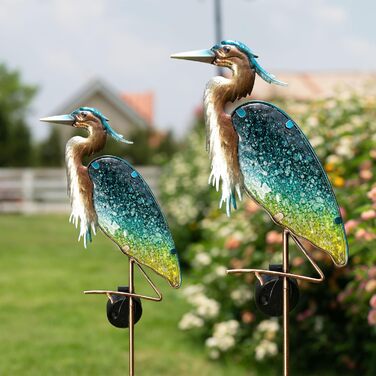 TERESA'S COLLECTIONS Solar Lamps for Outdoors, Outdoor Garden Decor, Grey Heron Garden Statue Solar Light for Outdoors, Metal and Glass Garden Light Waterproof Path Light, for Christmas Gifts
