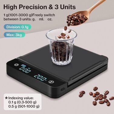 Цифрова кавова вага Cadrim з таймером, 0,1г/3 кг, електронна кухонна вага для еспресо, багатофункціональна вага для продуктів, функція тарування