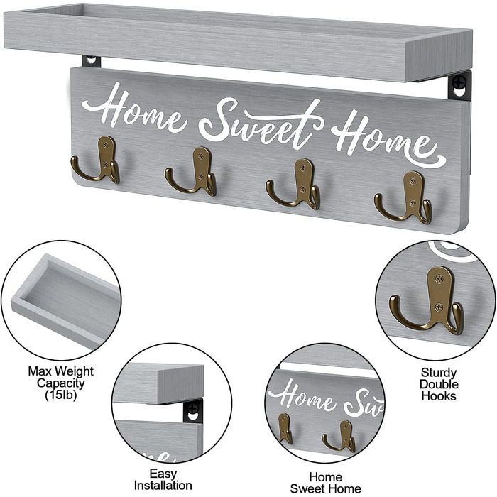 Key board with shelf, wooden key holder with 4 hooks, wall-mounted key rack for entryway, hallway, bedroom, living room, White (Green)