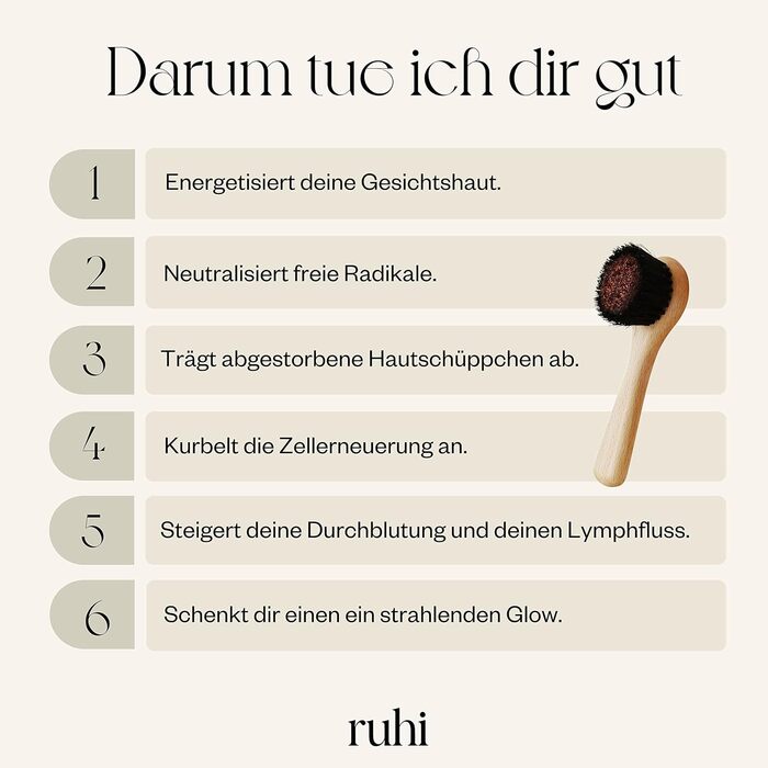 Іонна щітка для обличчя з міді та натуральної щетини RUHI, для сухого масажу, FSC-бук, пластик без, виготовлена в Німеччині