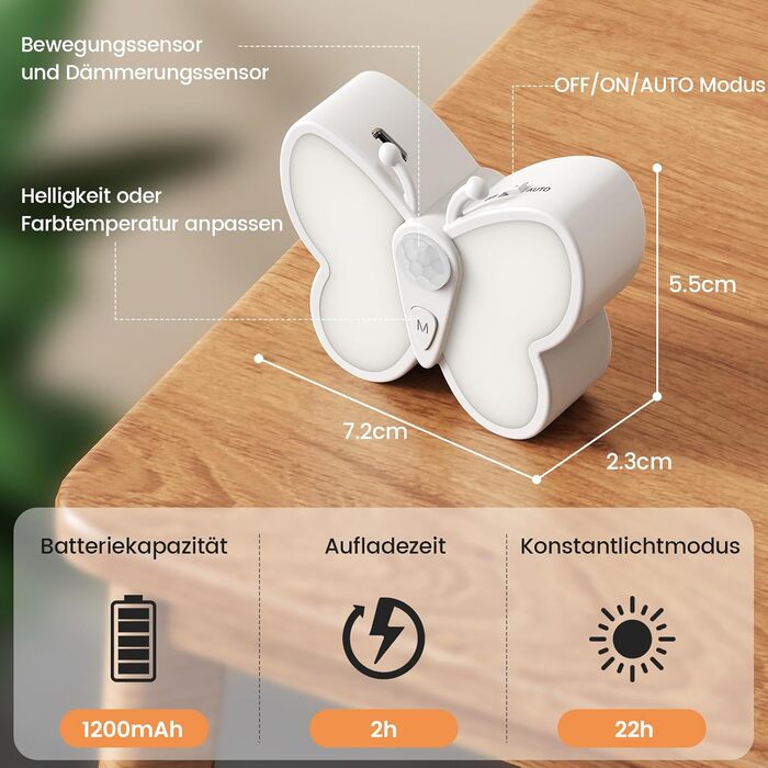 Нічник з датчиком руху, 2 шт., LED, диміруємий, 3 кольори, USB, для дитячої кімнати, коридору, сходів, спальні, ванної