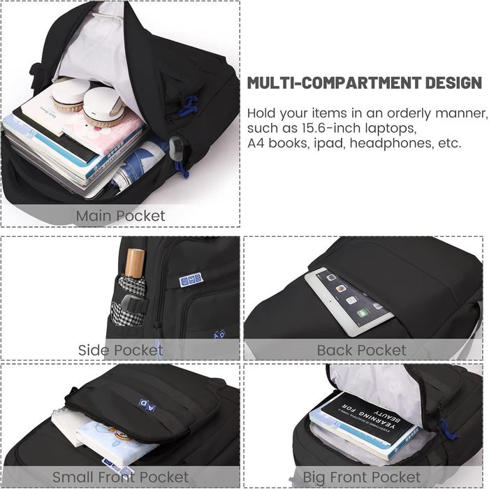 Шкільний рюкзак для дівчаток-підлітків, водонепроникний, легкий, великої місткості, модний, для школи або подорожей (чорний)