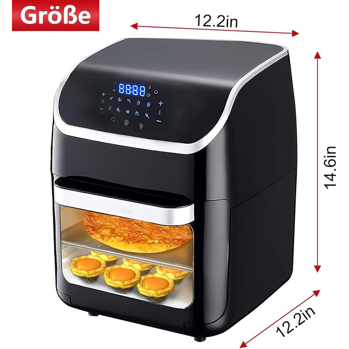 PRIJESSE Аерофритюрниця 12 л, багатофункціональна, 1800 Вт, LED-екран, 10 програм, з функціями підтримки тепла та дегідратора, з рецептурником і аксесуарами