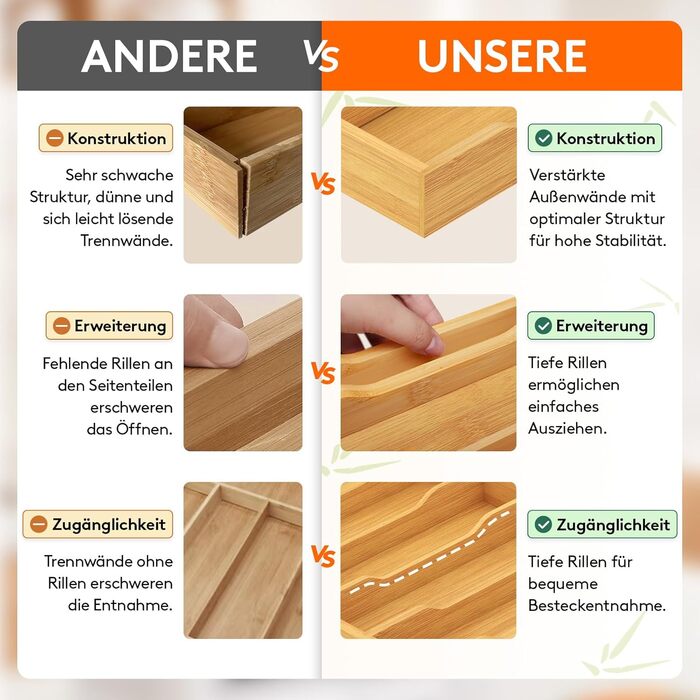 Органайзер для столових приборів Lifewit в шухляду, бамбуковий, 47 см (29-50 см)