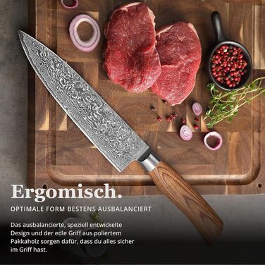 Ніж кухарський Wakoli EDIB Pro з дамаської сталі (серцевина VG10), 20 см - гострий та збалансований, з ручкою з паккавуду в подарунковій коробці - кухонний ніж з дамаску для професійних та аматорських кухарів, срібний