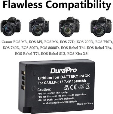Акумулятор DuraPro 2X 1040mAh LP-E17 для Canon EOS M3, M5, M6, Rebel SL2, T6i, T6s, T7i, 200D, 250D, 750D, 760D, 800D, 8000D, RP та USB-зарядний пристрій Type-C з LED-індикатором