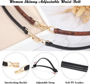 Жіночий тонкий шкіряний ремінь WHIPPY 2 шт. з золотою пряжкою, 105 см, для талії до 95 см (чорний+коричневий, шкіра змії, 8057)