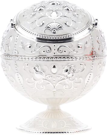 Kepfire Vintage Metal Ashtray with Lid, Globe Style, European Hotel Living Room Office Artwork, Windproof Ashtray, Creative Decor - Silver Rim, Rose Design